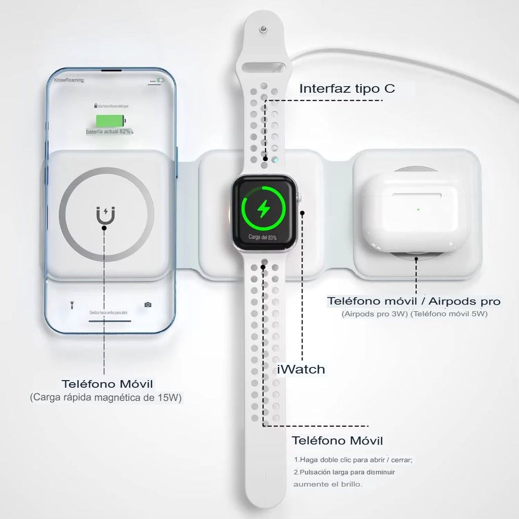 Cargador Inalámbrico 3 en 1 VOLTIX™ – Apple / Android, Carga Rápida Qi